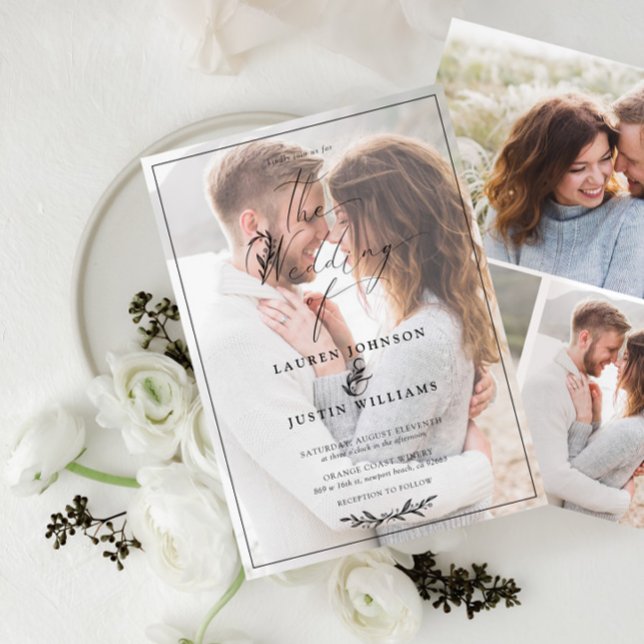 Modern Black White Botanical Script Vellum 4 Photo Invitation (Creator Uploaded)