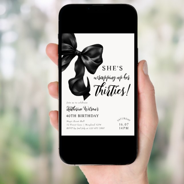 Modern Black & White Bow 40th Birthday Invitation (Front Digital)