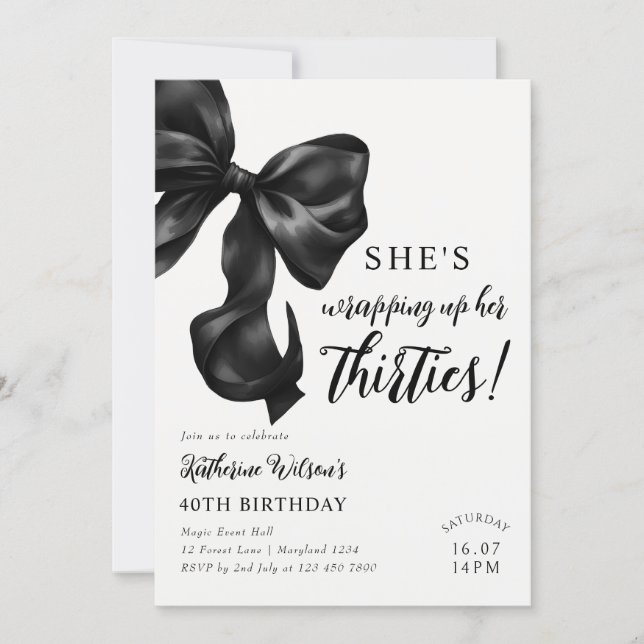 Modern Black & White Bow 40th Birthday Invitation
