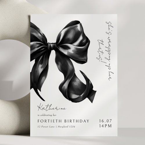 Modern Black &amp; White Bow 40th Birthday Invitation