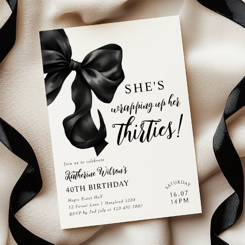 Modern Black &amp; White Bow 40th Birthday Invitation