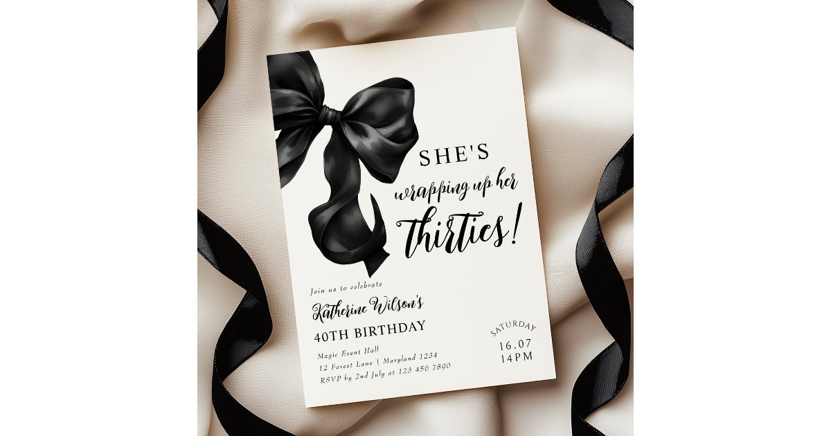 Modern Black & White Bow 40th Birthday Invitation