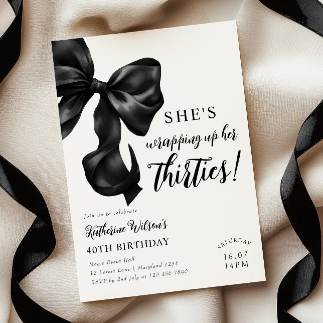 Modern Black & White Bow 40th Birthday Invitation