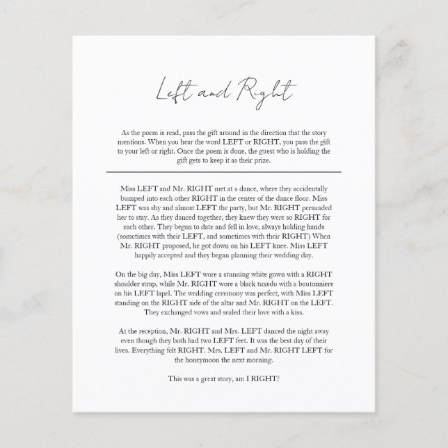 Modern Black White Bridal Shower Left Right Game Flyer (Front)