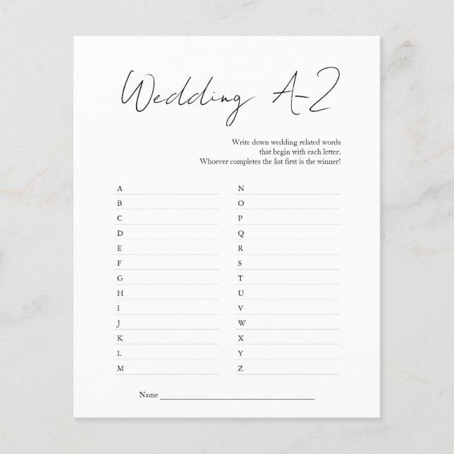 Modern Black White Bridal Shower Wedding A-Z Game Flyer (Front)