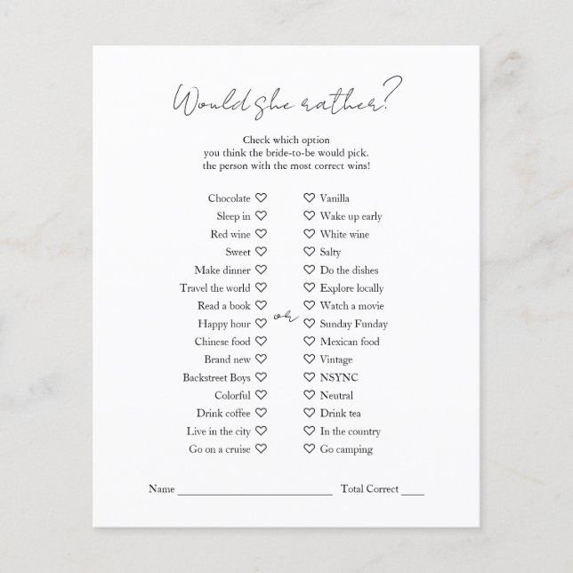 Modern Black White Bridal Shower Would She Rather  Flyer (Front)