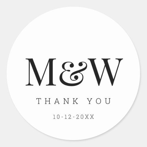 Modern Black White Bride Groom Monogram Thank You Classic Round Sticker