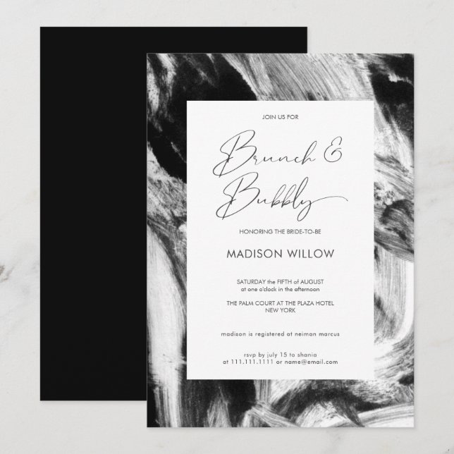 Modern Black White Brunch Bubbly Bridal Shower Invitation (Front/Back)