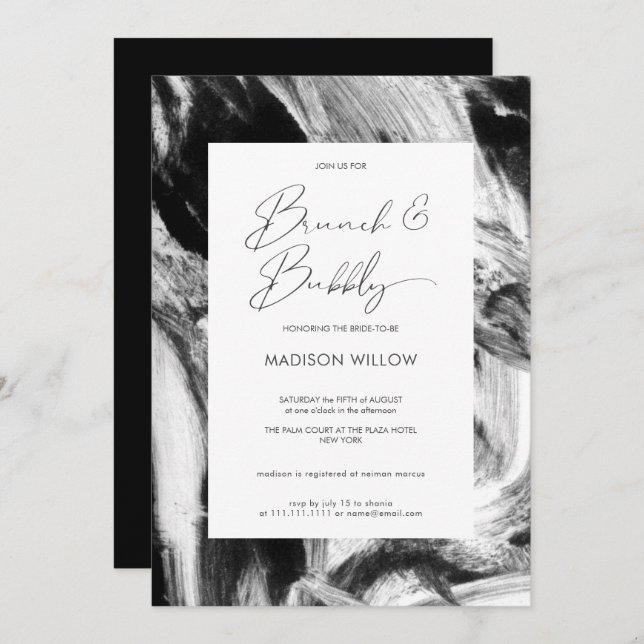 Modern Black White Brunch Bubbly Bridal Shower Invitation (Front/Back)