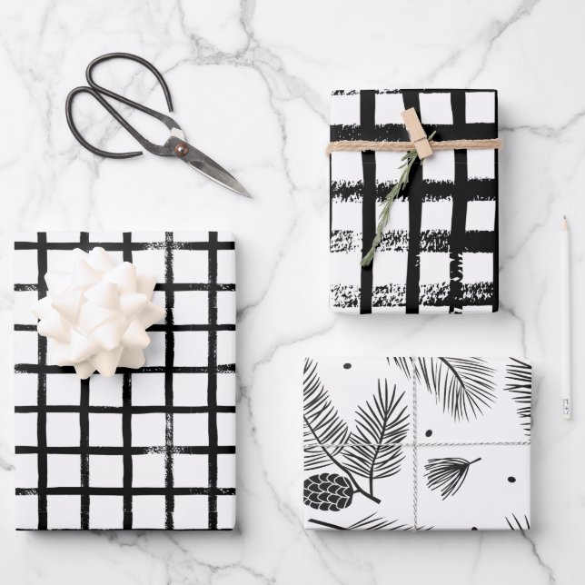 Modern Black & White Brush Christmas Wrapping Paper Sheets (Front)