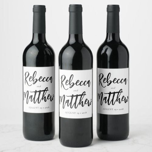 Modern Black White Brush Script Big Names Wedding  Wine Label