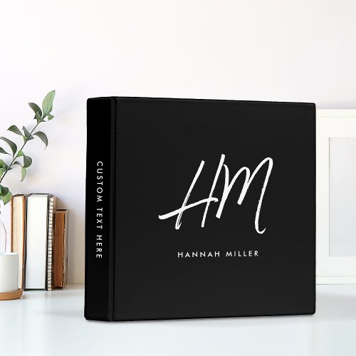 Modern Black White Brushed Script Monogram 3 Ring Binder