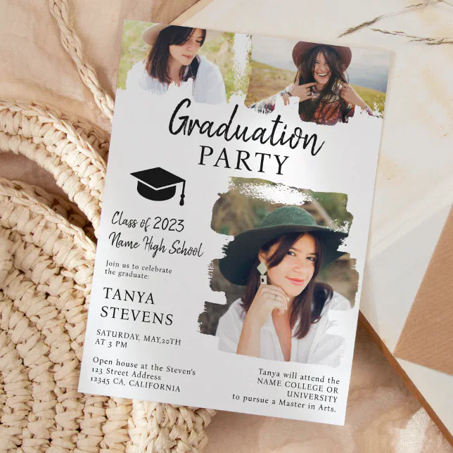 Modern black white Brushstroke 3 photos graduation Invitation | Zazzle