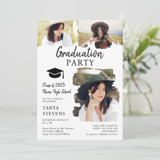 Modern black white Brushstroke 3 photos graduation Invitation | Zazzle