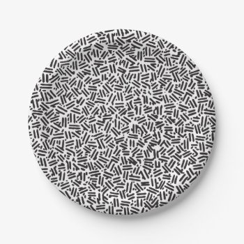 Modern Black White Brushstrokes Confetti Pattern Paper Plates by pink_water at Zazzle
