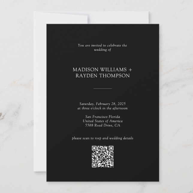 Modern Black White Budget QR Code Wedding Invitation (Front)