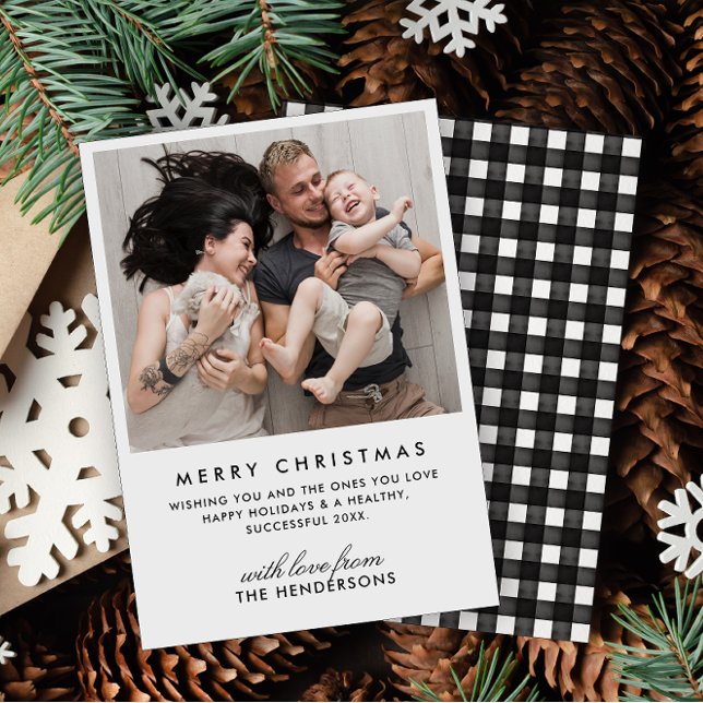 Modern Black & White Buffalo Check Photo Christmas Holiday Card (Creator Uploaded)
