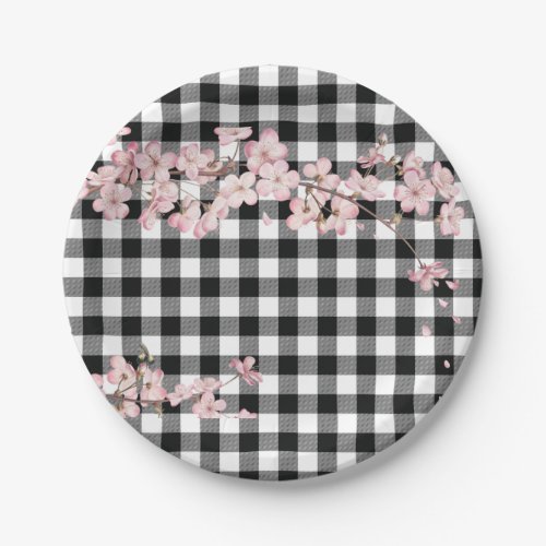 Modern Black White Buffalo Checks Cherry Blossom Paper Plates