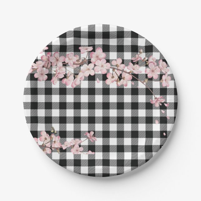 Modern Black White Buffalo Checks Cherry Blossom Paper Plates (Front)