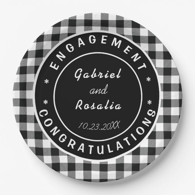 Modern Black White Buffalo Checks Engagement Party Paper Plates (Front)