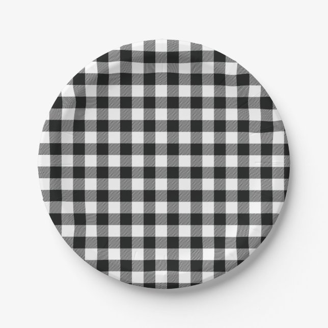 Modern Black White Buffalo Checks Paper Plates (Front)