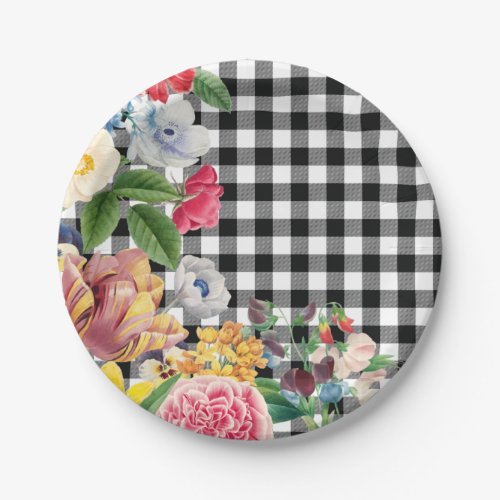 Modern Black White Buffalo Checks Vintage Floral Paper Plates