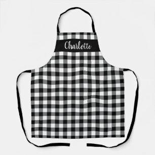 Modern Black White Buffalo Plaid Monogram Apron