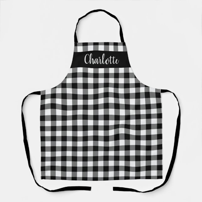 Modern Black White Buffalo Plaid Monogram Apron (Front)