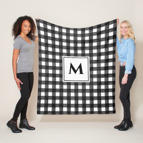 Modern Black  White Buffalo Plaid Monogram Fleece Blanket