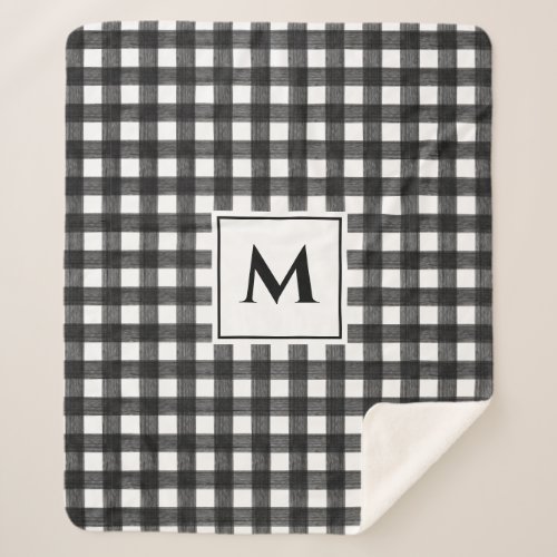 Modern Black  White Buffalo Plaid Monogram Sherpa Blanket