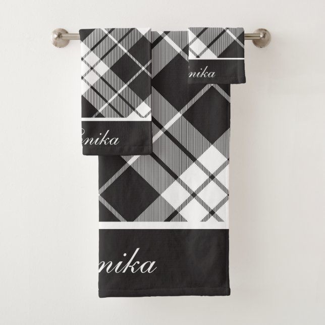 Modern Black White Buffalo Plaid Personalized Bath Towel Set (Insitu)