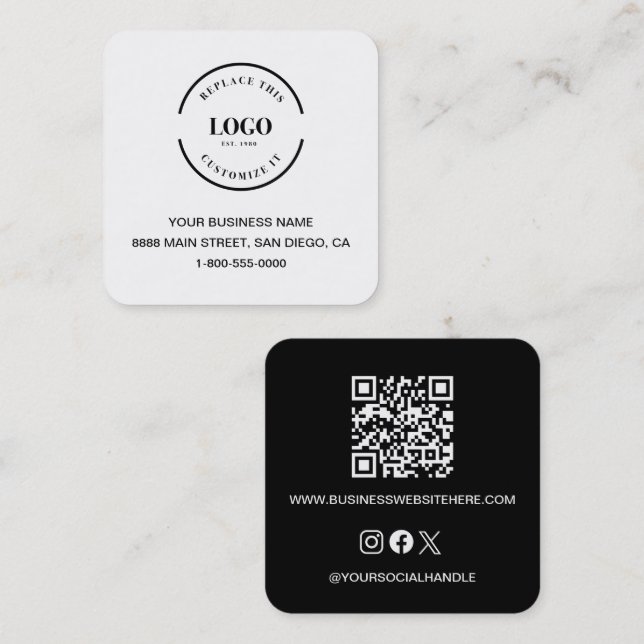 Modern Black White Business Branding QR code Square Business Card (Front/Back)