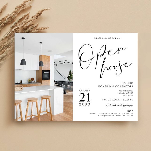 Modern Black & White Business Open House Photo Invitation (Minimalist open house invitation with space for one large photo)