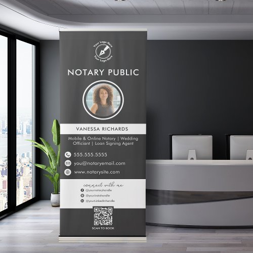 Modern Black White Business QR Code Notary Event Retractable Banner