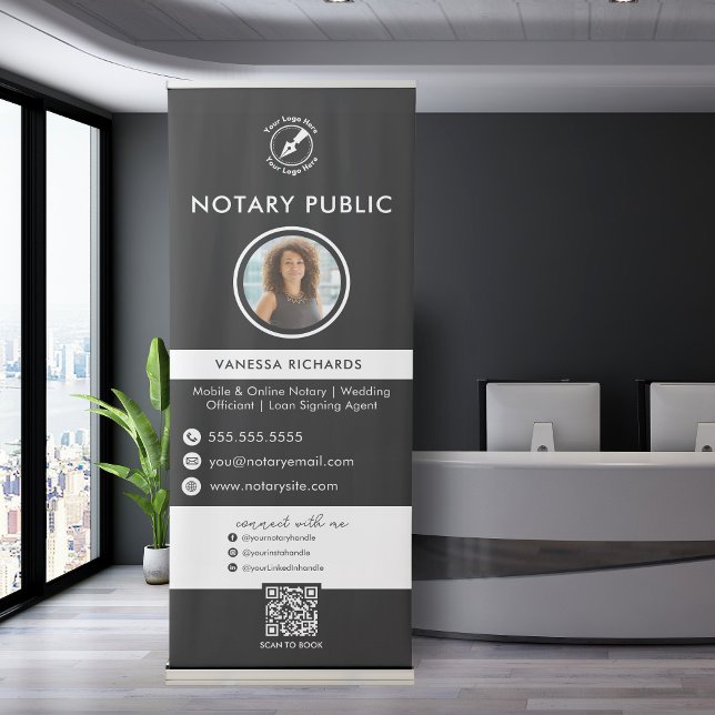 Modern Black White Business QR Code Notary Event Retractable Banner (Creator Uploaded)