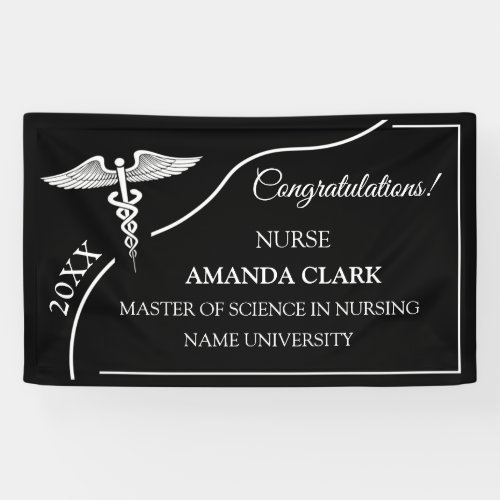 Modern Black  White Caduceus Nurse Graduation Banner