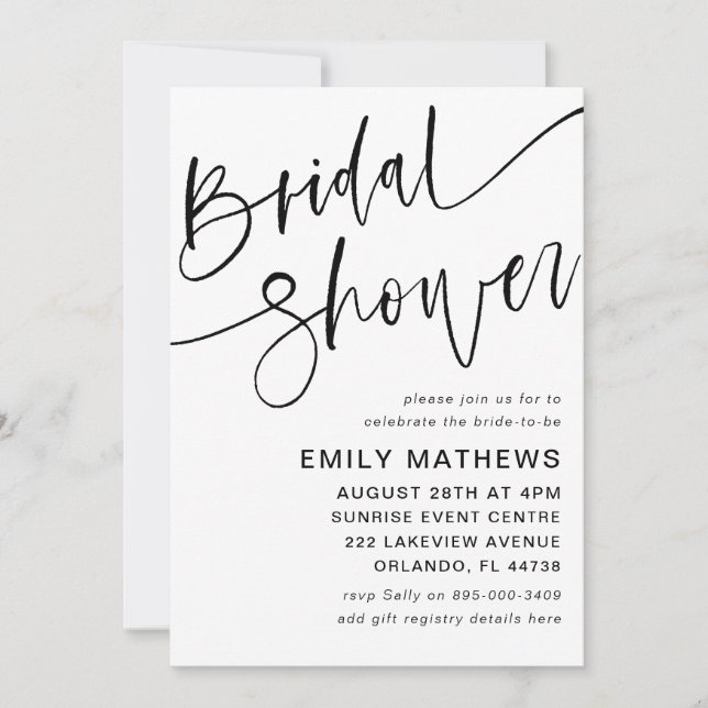 Modern Black & White Calligraphy Bridal Shower Invitation (Front)