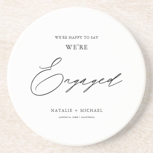 Modern Black  White Calligraphy Engagement Party  Coaster