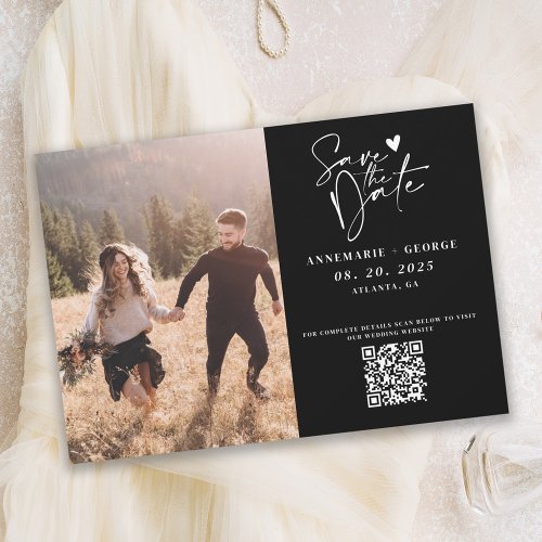 Modern Black White Calligraphy Photo QR Code Save The Date
