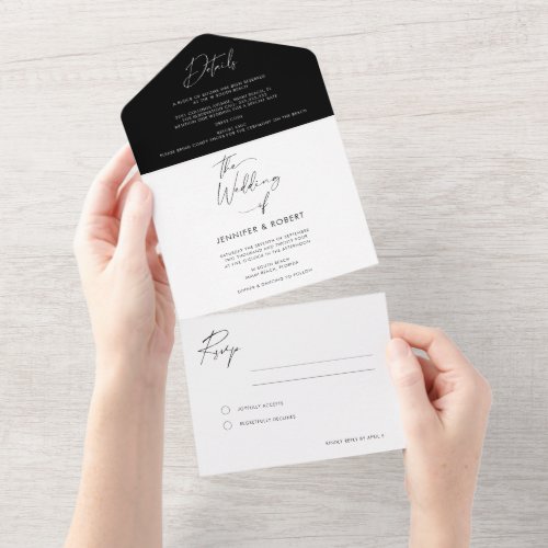 Modern Black White Calligraphy Script Wedding All In One Invitation