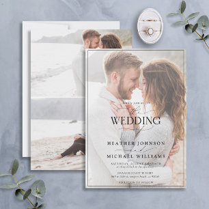 Modern Black White Calligraphy Vellum 3 Photo Invitation