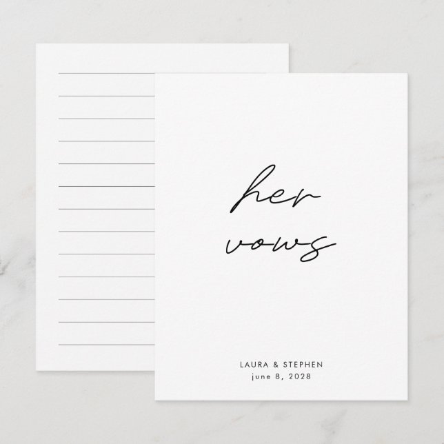 Modern Black White Calligraphy Wedding Her Vows (Front/Back)
