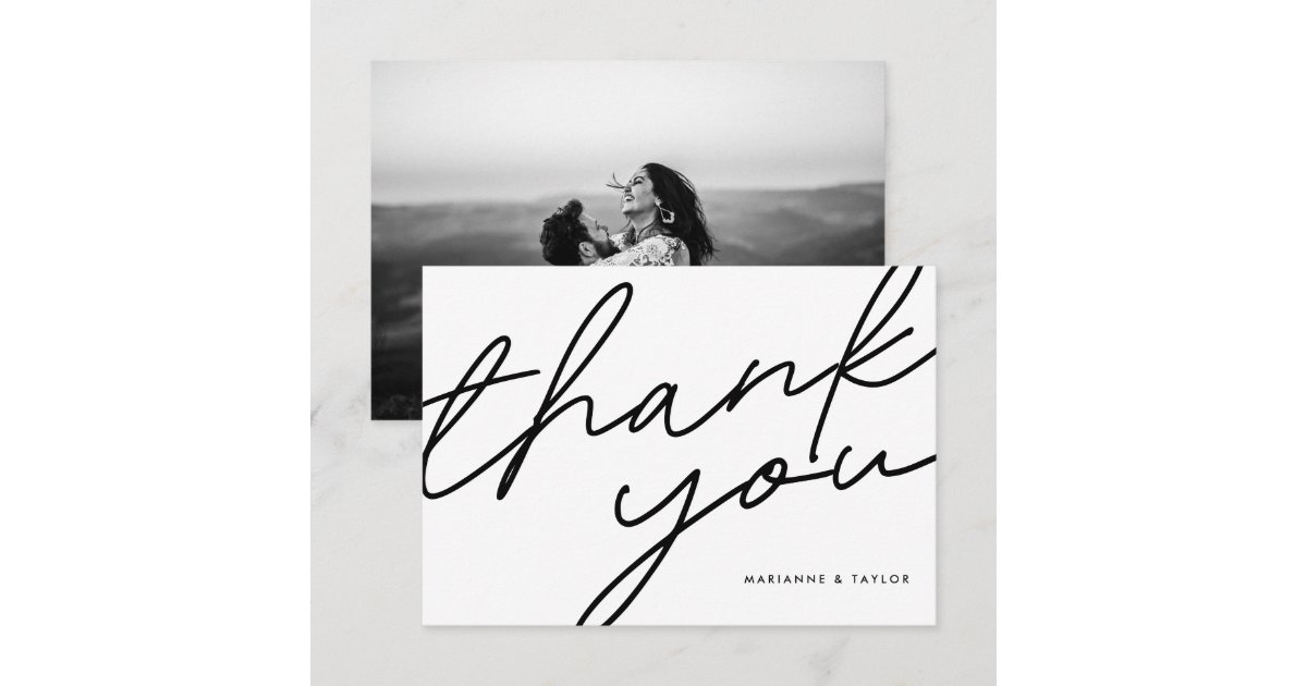 Modern Black White Calligraphy Wedding Photo Thank You Card | Zazzle