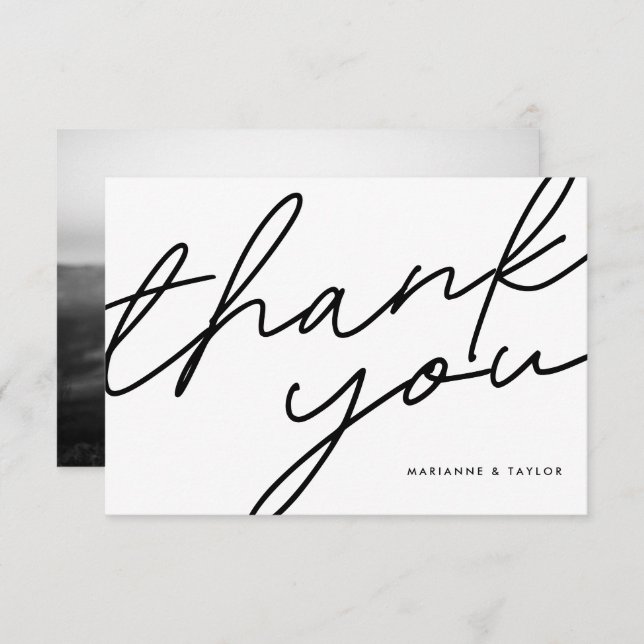 Modern Black White Calligraphy Wedding Photo Thank You Card (Front/Back)