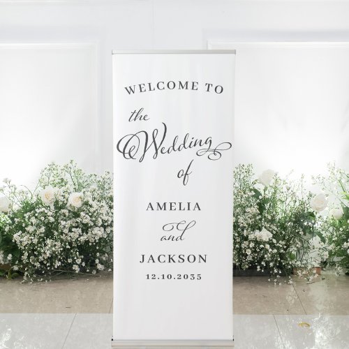 Modern Black  White Calligraphy Wedding Welcome Retractable Banner