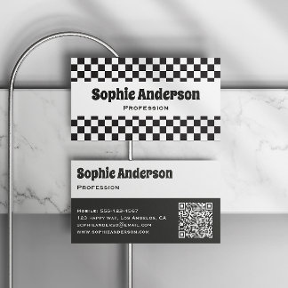 Modern Black White Checkerboard Minimalist QR Code Business Card