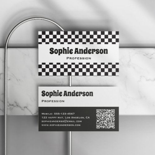 Modern Black White Checkerboard Minimalist QR Code Business Card