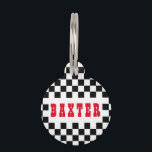 Modern Black White Checkered Dog Puppy Cat Name Pet ID Tag<br><div class="desc">Create your own custom, personalized, bold christmas red rustic vintage western script / typography custom name at front and back, and retro cool chic stylish geometric trendy black white checkered chequered checks checkers pattern background, , durable, 100% recycled steel, pet dog cat doggy puppy kitten kitty ID name tag. Simply...</div>