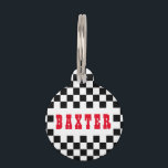 Modern Black White Checkered Dog Puppy Cat Name Pet ID Tag<br><div class="desc">Create your own custom, personalized, bold christmas red rustic vintage western script / typography custom name at front and back, and retro cool chic stylish geometric trendy black white checkered chequered checks checkers pattern background, , durable, 100% recycled steel, pet dog cat doggy puppy kitten kitty ID name tag. Simply...</div>