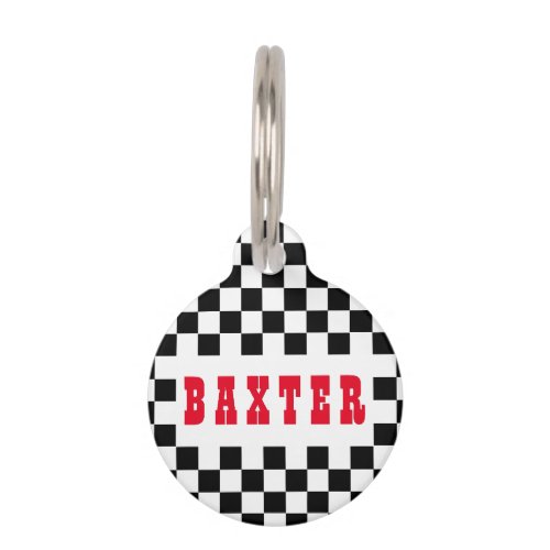 Modern Black White Checkered Dog Puppy Cat Name Pet ID Tag